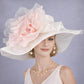 White with Blush Pink Silk Flower Wide Brim Kentucky Derby Hat,Ascot Hat for Wedding Tea Party,Garden Party Hat, Mother of the Bride,Church