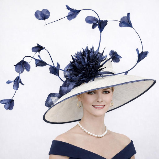 White Navy Blue Butterfly Style Feather Flowers  For Kentucky Derby, Ascot Royal Party, Tea Grarden Party, Wedding Party, Easter Day