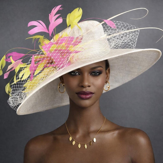 Wide Brim Sinamay Derby Hat: Feather Flower Royal Ascot Hat