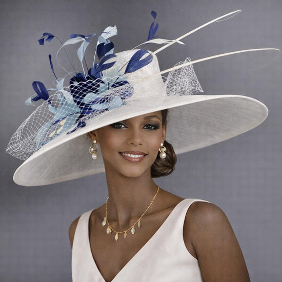 White Navy Blue Powder Blue Wide Brim Sinamay Hat For Kentucky Derby, Ascot Royal, Mother Of The Bride, Tea&Garden Party,Church, Wedding