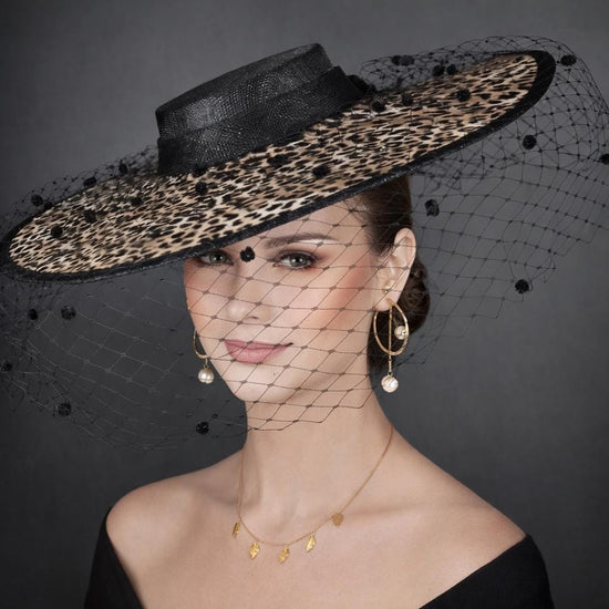 Black w Leopard  Wide Brim Fascinator Hat with Veil 18 Inch Sinamay Ascot Hat for Wedding Race Day Mother of the Bride