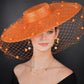 Orange Wide Brim Fascinator Hat with Veil 18 Inch Sinamay Ascot Hat for Wedding Race Day Mother of the Bride