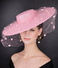 Pink Wide Brim Fascinator Hat with Veil 18 Inch Sinamay Ascot Hat for Wedding Race Day Mother of the Bride
