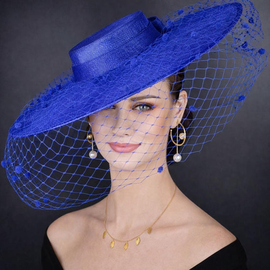 Royal Blue Wide Brim Fascinator Hat with Veil 18 Inch Sinamay Ascot Hat for Wedding Race Day Mother of the Bride