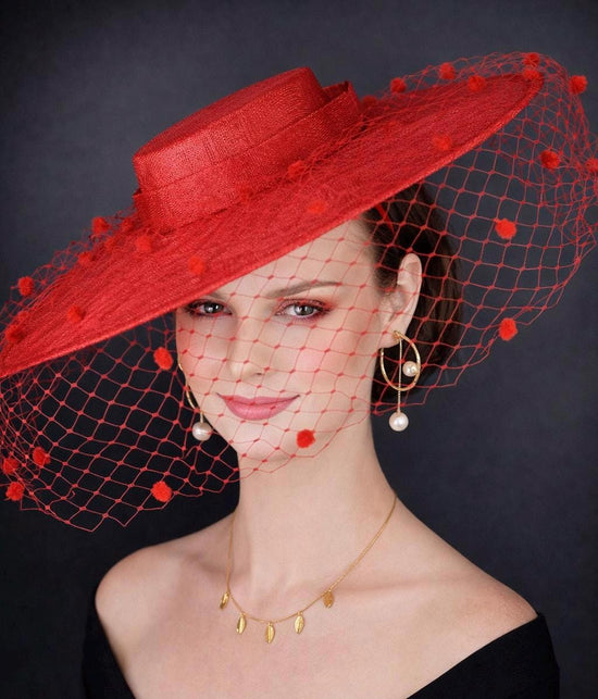 Red Wide Brim Fascinator Hat with Veil 18 Inch Sinamay Ascot Hat for Wedding Race Day Mother of the Bride
