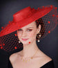 Red Wide Brim Fascinator Hat with Veil 18 Inch Sinamay Ascot Hat for Wedding Race Day Mother of the Bride