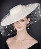 White Wide Brim Fascinator Hat with Veil 18 Inch Sinamay Ascot Hat for Wedding Race Day Mother of the Bride
