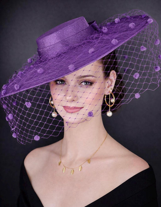 Purple Wide Brim Fascinator Hat with Veil 18 Inch Sinamay Ascot Hat for Wedding Race Day Mother of the Bride