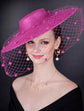 Fuchsia Pink Wide Brim Fascinator Hat with Veil 18 Inch Sinamay Ascot Hat for Wedding Race Day Mother of the Bride