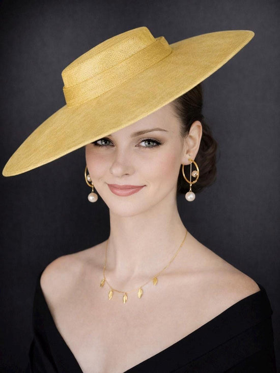Yellow Wide Brim Sinamay Fascinator Hat  Ascot Royal Hat for Wedding Race Day Kentucky Derby Party Mother of the Bride