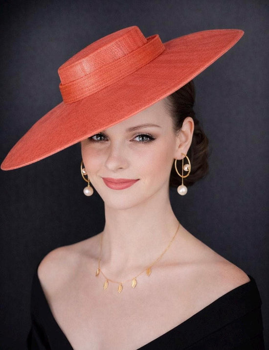 Coral Pink/Water Melon Color Wide Brim Sinamay Fascinator Hat  Ascot Royal Hat for Wedding Race Day Kentucky Derby Party Mother of the Bride