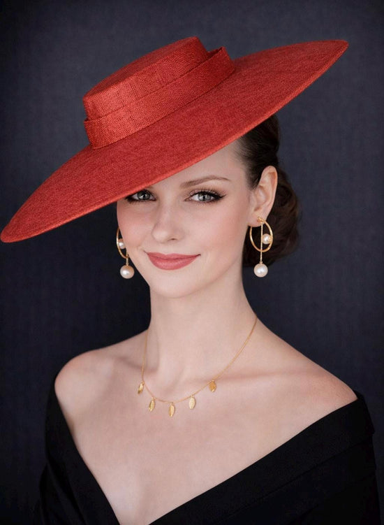 Red Wide Brim Sinamay Fascinator Hat  Ascot Royal Hat for Wedding Race Day Kentucky Derby Party Mother of the Bride