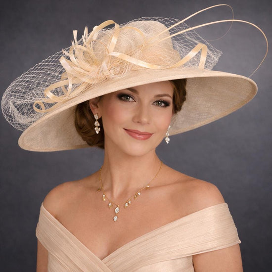 Champagne Wide Brim Kentucky Derby Hat, Ascot Hat for Wedding & Tea Party, Garden Party Hat, Mother of the Bride,Church