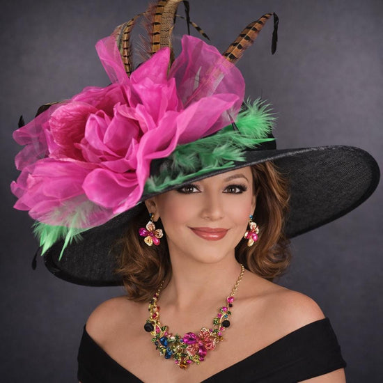 Black, Green, Fuchsia, Pink Wide Brim Kentucky Derby Hat, Ascot Hat for Wedding & Tea Party, Garden Party Hat, Mother of the Bride,Church