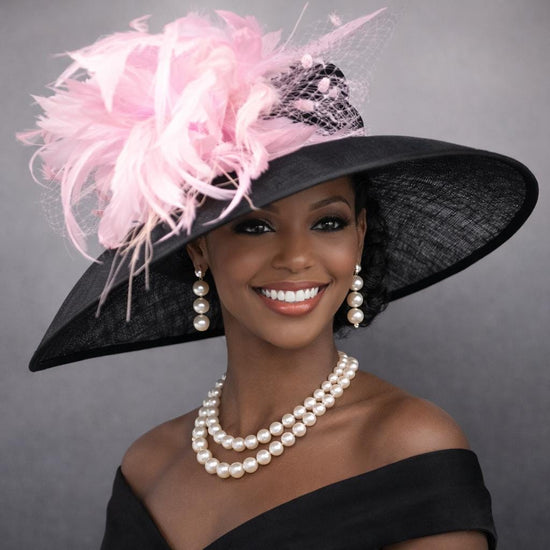 Black Pink Feather Flower Wide Brim Kentucky Derby Hat, Ascot Hat for Wedding & Tea Party, Garden Party Hat, Mother of the Bride,Church