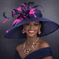 Navy  Fuchsia Feather Flower Wide Brim Kentucky Derby Hat, Ascot Hat for Wedding & Tea Party, Garden Party Hat, Mother of the Bride,Church