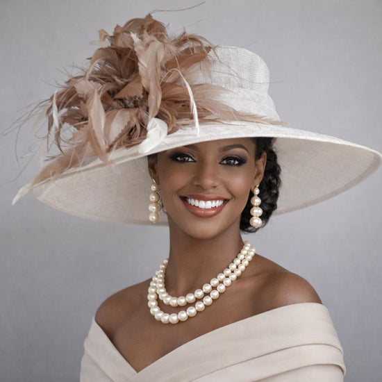 White Taupe Wide Brim Kentucky Derby Hat, Ascot Hat for Wedding & Tea Party, Garden Party Hat, Mother of the Bride,Church