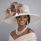 White Taupe Wide Brim Kentucky Derby Hat, Ascot Hat for Wedding & Tea Party, Garden Party Hat, Mother of the Bride,Church