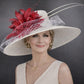 White & Burgundy Feather Flower Wide Brim Sinamay Hat For Kentucky Derby, Ascort Royal, Tea Garden Party, Wedding Party, Church