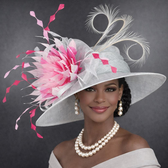 Wide Brim Sinamay Hat for Kentucky Derby,Church,Ascot Royal, Wedding, Tea&Garden,Mother of The Bride Powder Blue Pink
