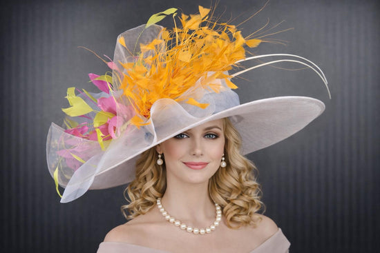 White Blue Orange Hot Pink Wide Brim Kentucky Derby Hat, Ascot Hat for Wedding & Tea Party, Garden Party Hat, Mother of the Bride, Church
