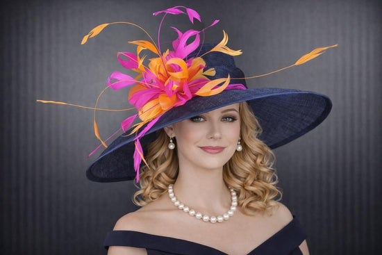 Navy Blue,Fuchsia Pink, Orange Feather Flower Wide Brim Sinamay hat, Kentucky derby Hat, Wedding Guest Hat, Tea Party Hat, Ascot Royal Style