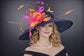 Navy Blue,Fuchsia Pink, Orange Feather Flower Wide Brim Sinamay hat, Kentucky derby Hat, Wedding Guest Hat, Tea Party Hat, Ascot Royal Style