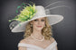 White Green Feather Flower  Wide Brim Sinamay hat, Kentucky derby Hat, Wedding Guest Hat, Tea Party Hat, Ascot Royal Style Hat,Oaks Day Hat