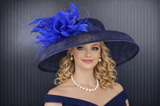 Navy Royal Blue Audrey Hepburn Style  Wide Brim Sinamay hat, Kentucky derby Hat, Wedding Guest Hat, Tea Party Hat, Ascot Royal  Hat,Oaks Day