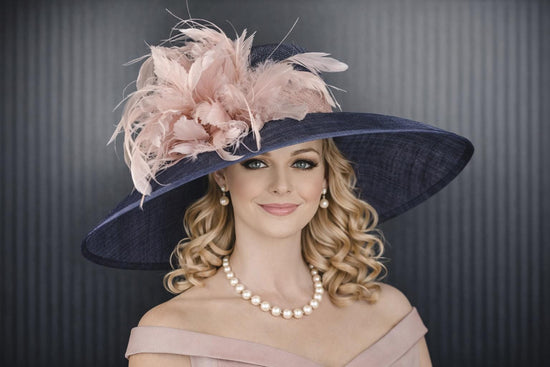 Navy Blue Dusty Blush Pink Wide Brim Sinamay hat,Kentucky derby Hat, Wedding Guest Hat, Tea Party Hat, Ascot Royal Style Hat,Oaks Day Hat