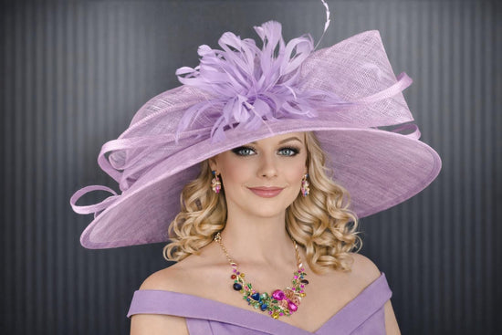 Lilac Feather Flower Wide Brim Sinamay hat, Kentucky derby Hat, Wedding Guest Hat, Tea Party Hat, Ascot Royal Style Hat,Oaks Day Hat