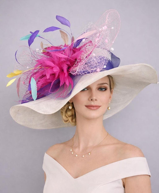 White Hot Pink Feather Flower Wide Brim Sinamay Derby Hat, Feather & Bow Statement Hat, Ascot Fascinator for Wedding, Church, Tea Party