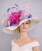 White Hot Pink Feather Flower Wide Brim Sinamay Derby Hat, Feather & Bow Statement Hat, Ascot Fascinator for Wedding, Church, Tea Party