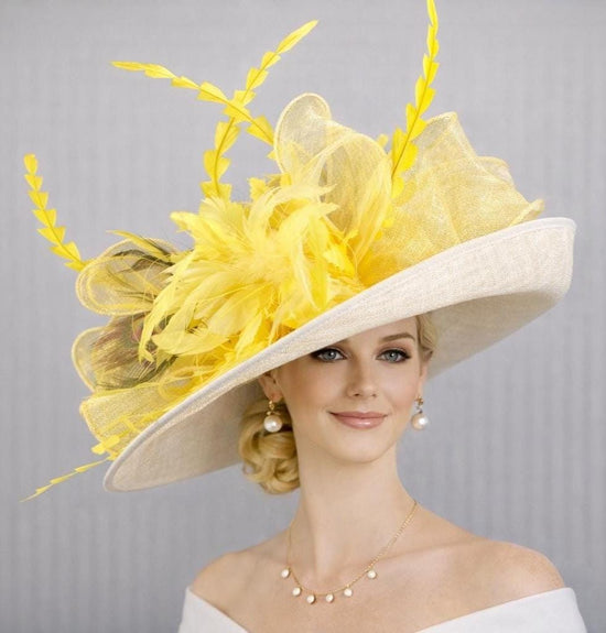 White  Yellow Feather Wide Brim Sinamay Derby Hat, Feather & Bow Statement Hat, Ascot Fascinator for Wedding, Church, Tea Party