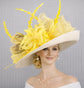 White  Yellow Feather Wide Brim Sinamay Derby Hat, Feather & Bow Statement Hat, Ascot Fascinator for Wedding, Church, Tea Party