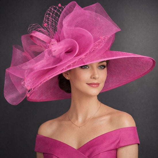 Fuchsia Pink Wide Brim Sinamay Hat for Kentucky Derby, Ascot Royal , Wedding, Tea Garden Party, Church, Mother of the Bride, Easter Day