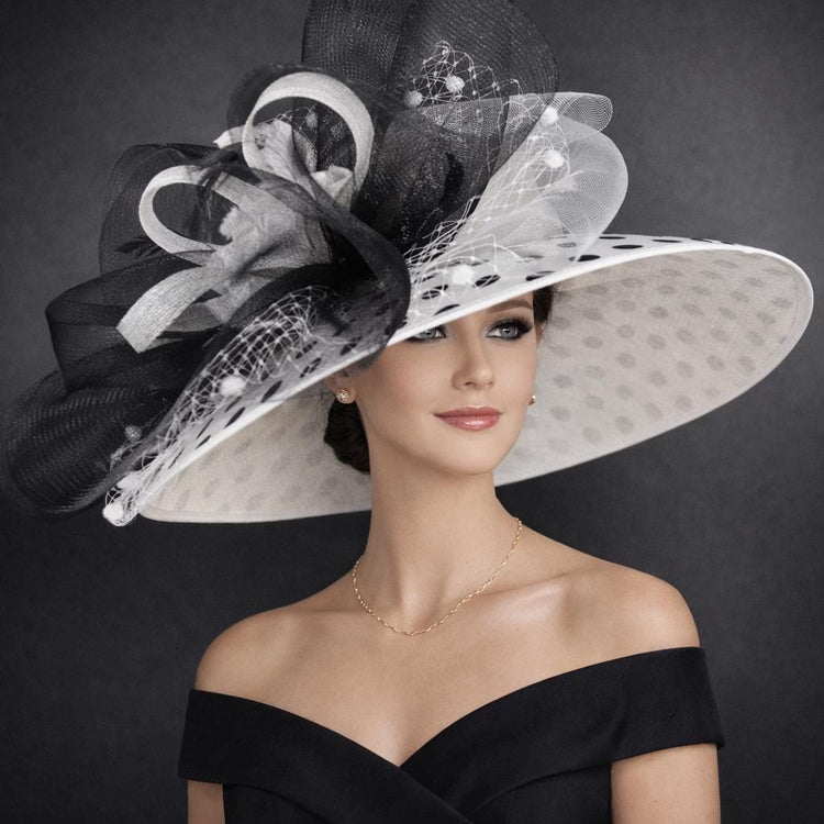 White Black Polka Dot Wide Brim Kentucky Derby Hat, Ascot Hat for Wedd – Miss Race Derby Hats