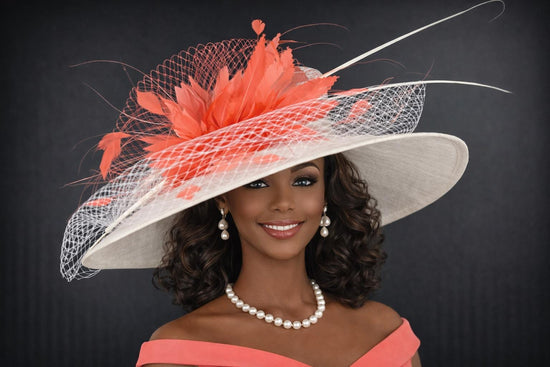 Wide Brim Kentucky Derby Hat, Ascot Hat for Wedding & Tea Party, Garden Party Hat, Mother of the Bride, Church White W Coral Pink