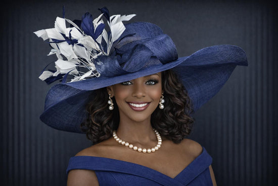 Navy Blue White Feather Flower  Wide Brim Sinamay hat, Kentucky derby Hat, Wedding Guest Hat, Tea Party Hat, Ascot Royal Style Hat,Oaks Day
