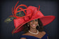 Red Feathered  Wide Brim Sinamay hat, Kentucky derby Hat, Wedding Guest Hat, Tea Party Hat, Ascot Royal Style Hat,Oaks Day Hat