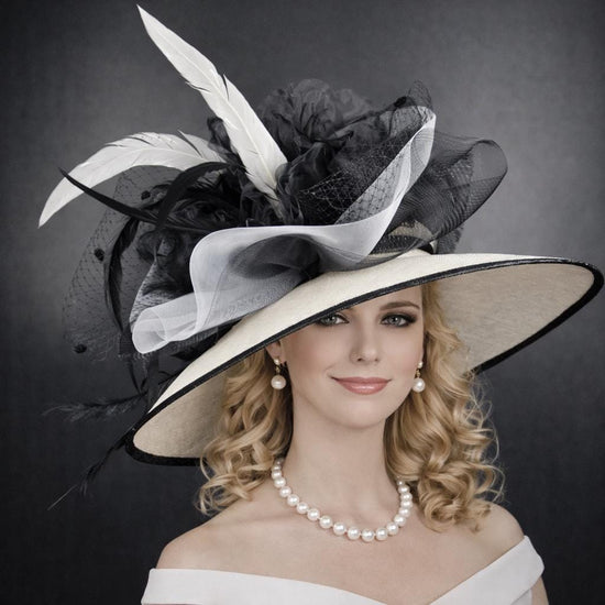 White w Black Jumbo Bows Feather Flower Wide Brim DerbyParty Hat