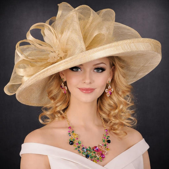 Wide Brim Sinamay  Hat for Kentucky Derby, Ascot Racing Hat, Elegant Wedding Guest Hat, Mother of the Bride Hat Gold