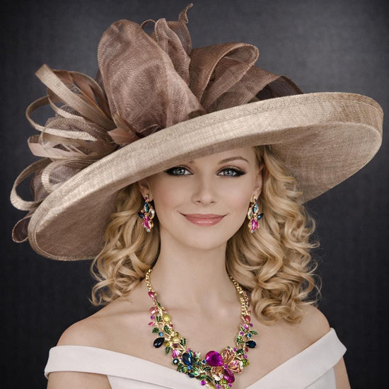 Wide Brim Sinamay  Hat for Kentucky Derby, Ascot Racing Hat, Elegant Wedding Guest Hat, Mother of the Bride Hat Taupe w Brown/Coffee