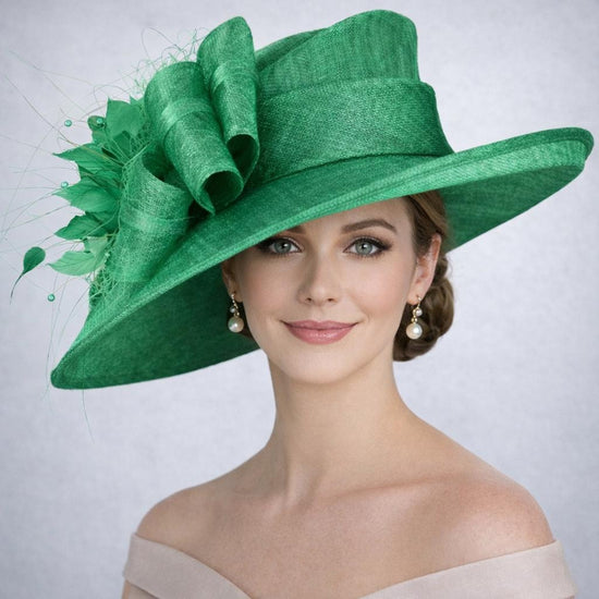 Kelly  Green Wide Brim Kentucky Derby Hat, Ascot Hat for Wedding & Tea Party, Garden Party Hat, Mother of the Bride, Church