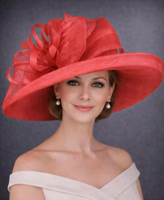 Red Wide Brim Sinamay Hat for Kentucky Derby, Ascot Racing Hat, Elegant Wedding Guest Hat, Mother of the Bride Hat