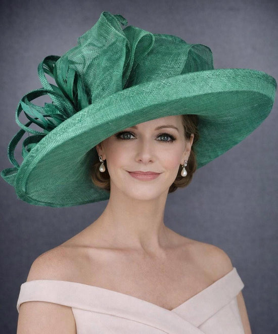 Emerald Green Wide Brim Sinamay Hat for Kentucky Derby, Ascot Racing Hat, Elegant Wedding Guest Hat, Mother of the Bride Hat