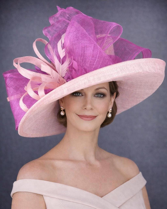 Wide Brim Sinamay Hat for Kentucky Derby, Ascot Racing Hat, Elegant Wedding Guest Hat, Mother of the Bride Hat Baby Pink Fuchsia Pink