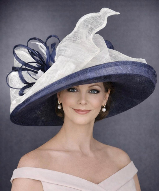 Wide Brim Sinamay  Hat for Kentucky Derby, Ascot Racing Hat, Elegant Wedding Guest Hat, Mother of the Bride Hat Navy Blue w White