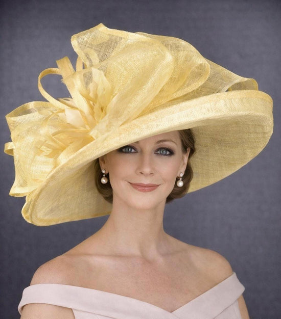 Wide Brim Sinamay  Hat for Kentucky Derby, Ascot Racing Hat, Elegant Wedding Guest Hat, Mother of the Bride Hat  Yellow