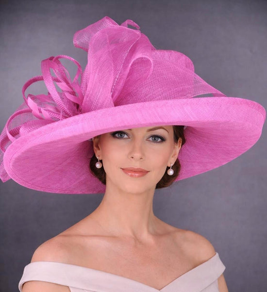 Wide Brim Sinamay Hat for Kentucky Derby, Ascot Racing Hat, Elegant Wedding Guest Hat, Mother of the Bride Hat  Fuchsia Pink